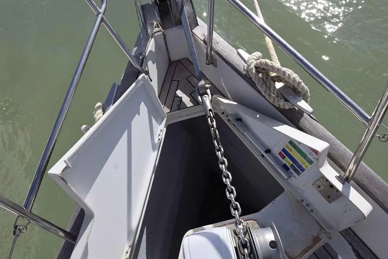 My Way Yacht Photos Pics Anchor chain locker on 2004 Beneteau Oceanis 42CC sailboat, with open hatch and ropes.