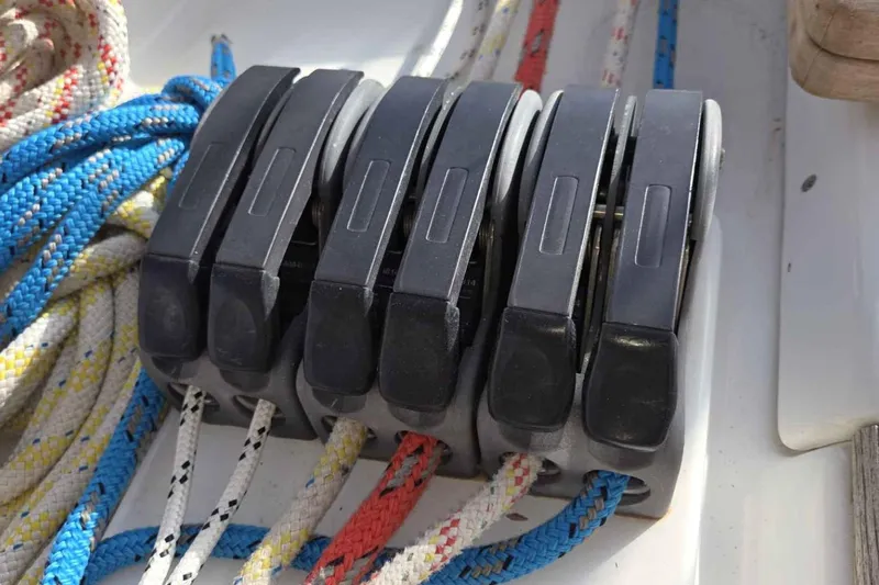 My Way Yacht Photos Pics Close-up of rope clutches on a 2004 Beneteau Oceanis 42CC sailboat.