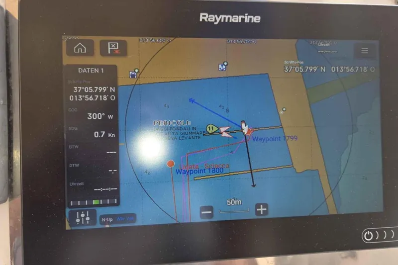 My Way Yacht Photos Pics Raymarine navigation display on 2004 Beneteau Oceanis 42CC, showing waypoints and coordinates.