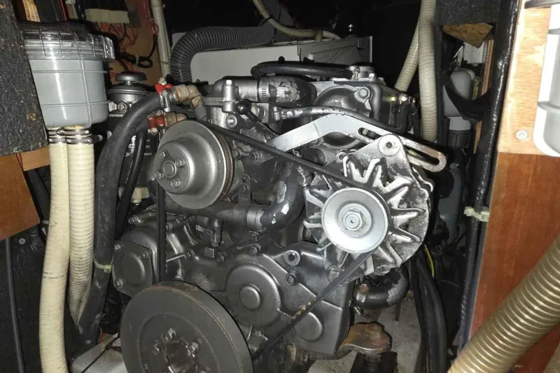 My Way Yacht Photos Pics Engine compartment of a 2004 Beneteau Oceanis 42CC sailboat, showcasing mechanical components.