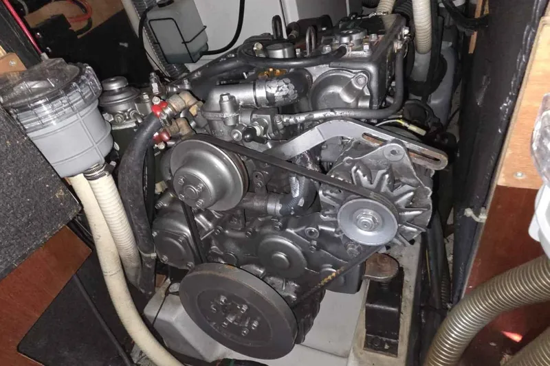 My Way Yacht Photos Pics Engine compartment of a 2004 Beneteau Oceanis 42CC sailboat, showcasing mechanical components.