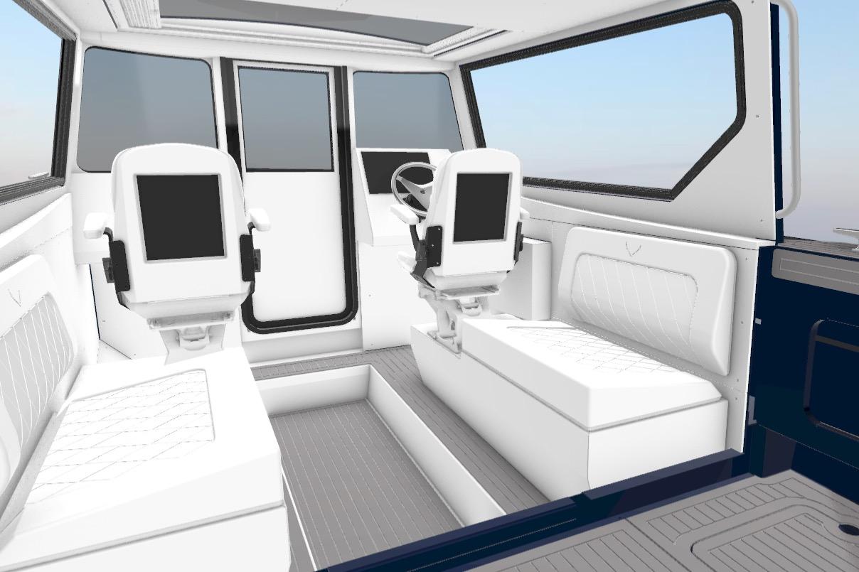 Interior of 2026 Jasper Marine Defender 22 boat, featuring modern seating and controls.