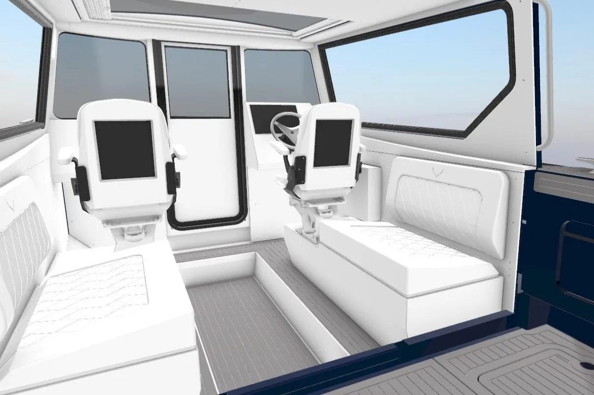 Interior of 2026 Jasper Marine Defender 22 boat, featuring modern seating and controls.