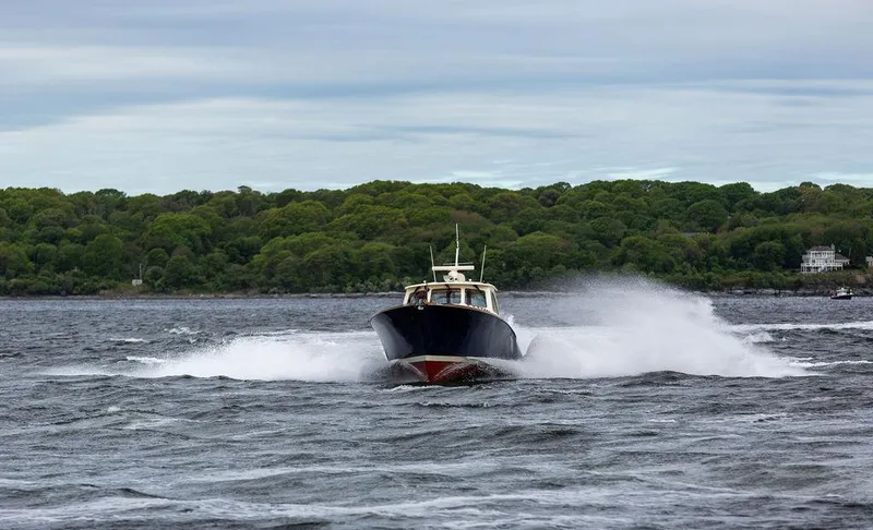 Carol Anne Yacht Photos Pics Hinckley Talaria 44 MY 2007 cruising on water with lush green shoreline background.