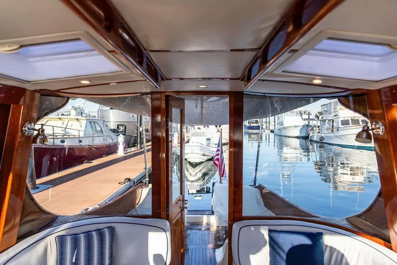 Mon Amour Yacht Photos Pics Interior view of 2005 Hinckley Talaria 44 yacht docked at marina.