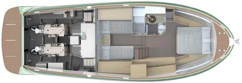  Yacht Photos Pics 2022 Solaris Power 44 Open yacht interior layout, featuring engines, cabins, and bathroom.