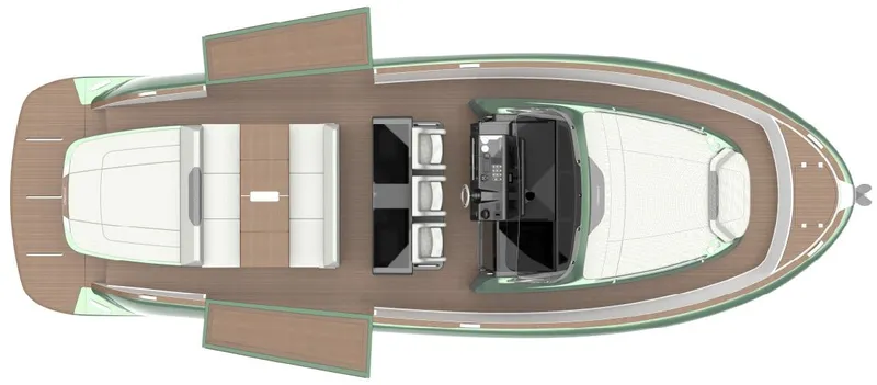  Yacht Photos Pics Top view of 2022 Solaris Power 44 Open yacht layout, featuring spacious deck and seating areas.