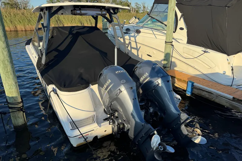  Yacht Photos Pics 2023 Sea Fox 268 Traveler boat docked with twin Yamaha engines.