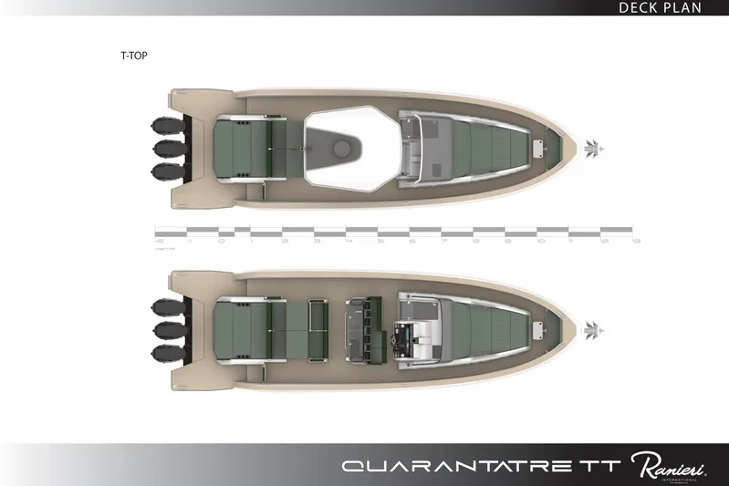  Yacht Photos Pics Deck plan of 2026 Ranieri QUARANTATRE TT boat, featuring T-top design and multiple engines.