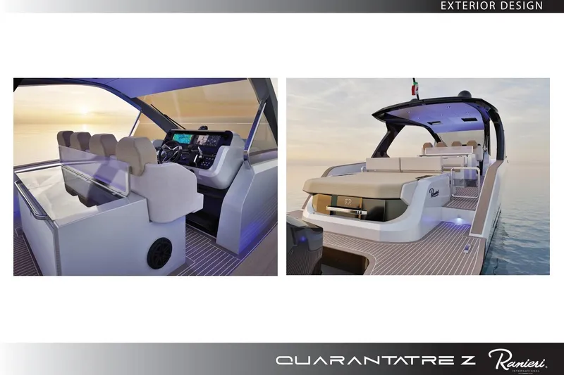  Yacht Photos Pics 2026 Ranieri QUARANTATRE TT yacht interior and exterior design, featuring modern seating and navigation controls.
