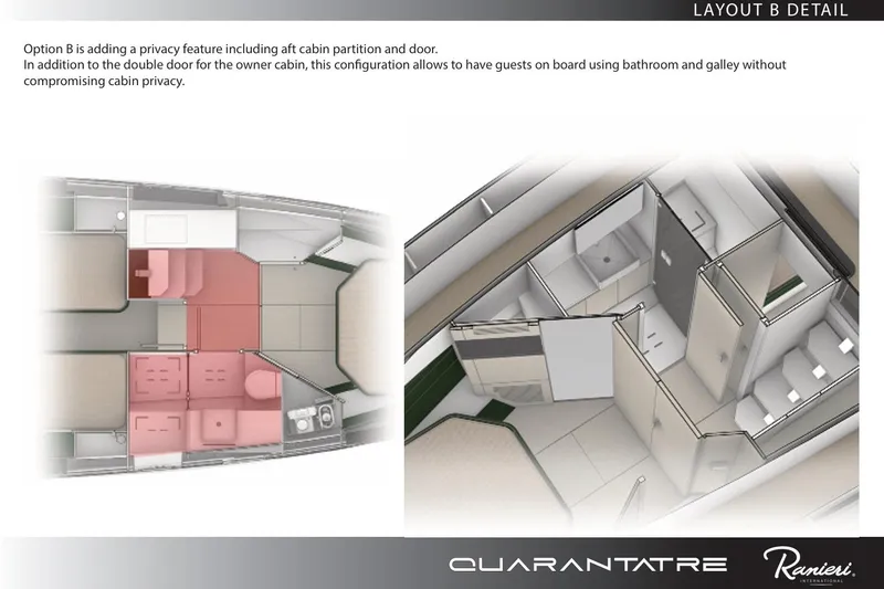  Yacht Photos Pics 2026 Ranieri QUARANTATRE TT yacht layout B detail, featuring privacy-enhancing cabin partition and door.