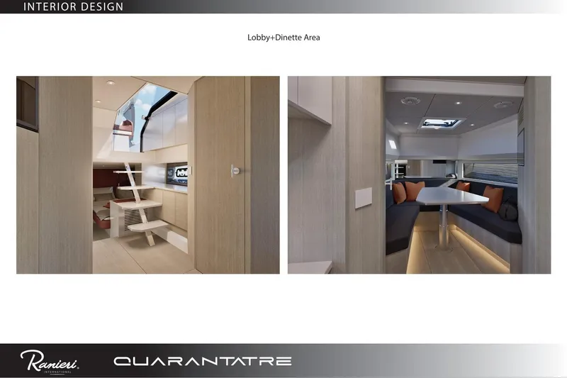  Yacht Photos Pics 2026 Ranieri QUARANTATRE TT interior design, featuring modern lobby and dinette area.