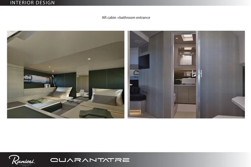  Yacht Photos Pics Interior of 2026 Ranieri QUARANTATRE TT yacht, featuring aft cabin and bathroom entrance.
