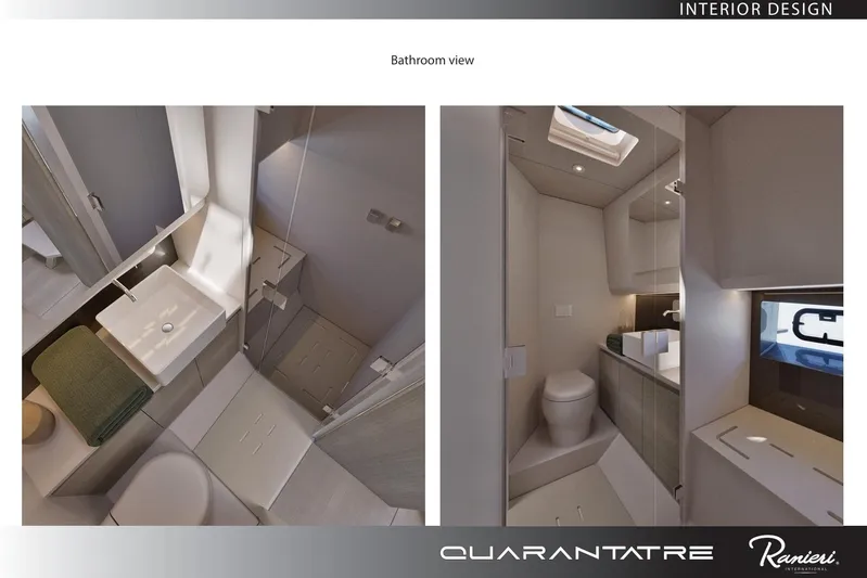  Yacht Photos Pics Modern bathroom interior of 2026 Ranieri QUARANTATRE TT yacht, featuring sleek design and amenities.