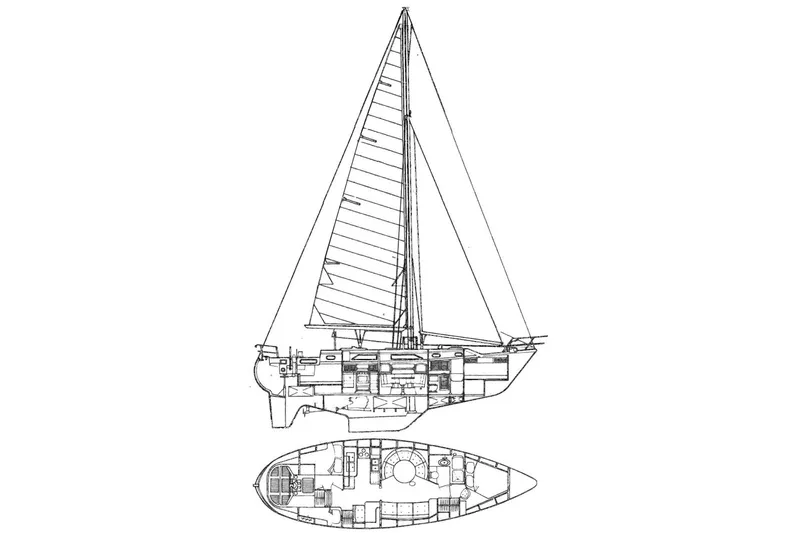 Divine Miss Em Yacht Photos Pics Blueprint of 1990 Slocum 43 sailboat, showcasing detailed interior and exterior design.