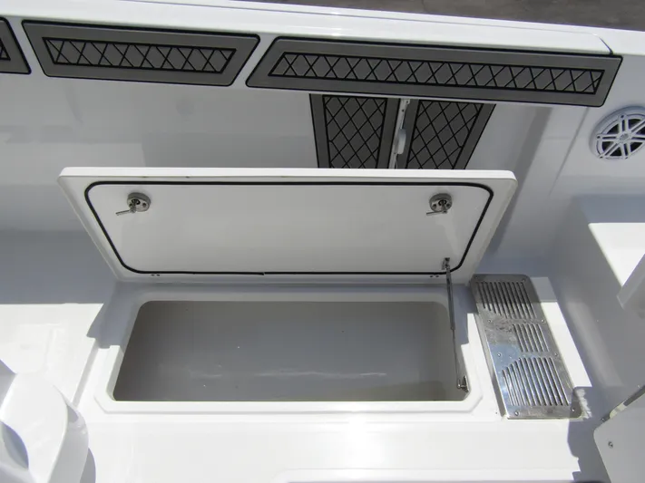  Yacht Photos Pics 2024 Wellcraft 352 Fisherman boat storage compartment with open hatch.