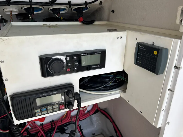  Yacht Photos Pics 2008 Midnight Express 37 boat electronics panel with radio and control systems.