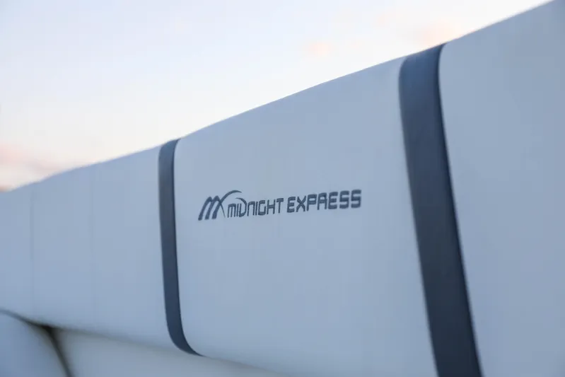  Yacht Photos Pics Close-up of 2008 Midnight Express 37 boat upholstery with logo.