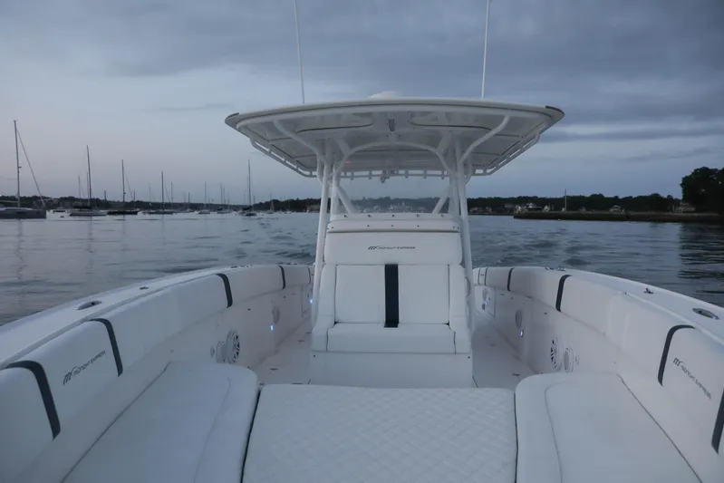  Yacht Photos Pics 2008 Midnight Express 37 boat on calm water at dusk.