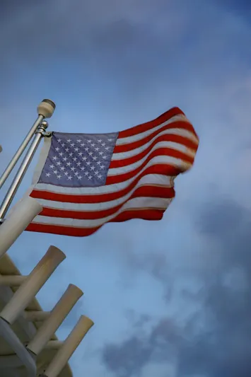  Yacht Photos Pics American flag waving on a 2008 Midnight Express 37 boat against a cloudy sky.