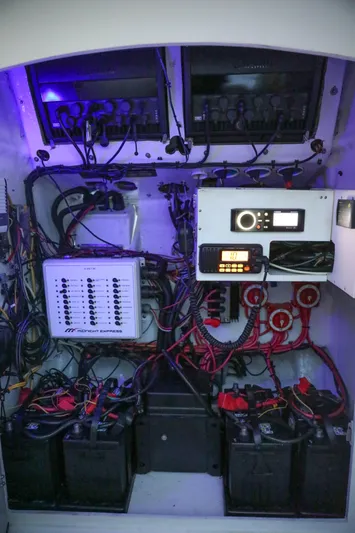  Yacht Photos Pics Electrical system of a 2008 Midnight Express 37 boat, featuring batteries and wiring.