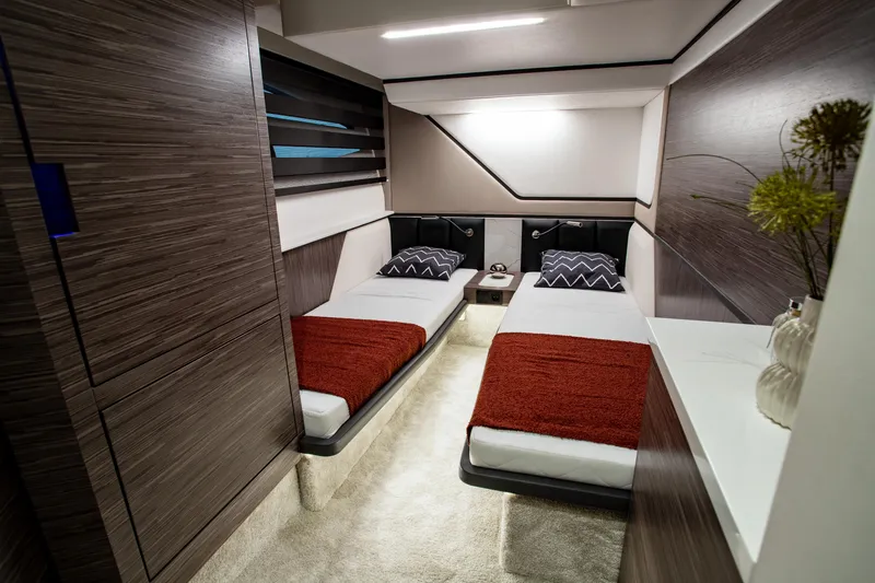 Custom Order Yours Today! Yacht Photos Pics Luxurious twin cabin interior of 2026 Cobrey 45 Fly yacht with modern design.