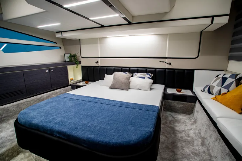 Custom Order Yours Today! Yacht Photos Pics Luxurious interior of 2026 Cobrey 45 Fly yacht with modern bedroom design.