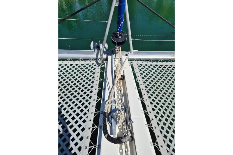 Chapter Two Yacht Photos Pics Catamaran deck with netting and rigging, Lagoon 450, 2014 model.