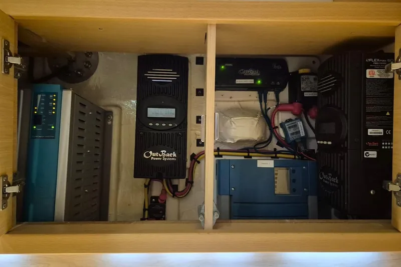 Chapter Two Yacht Photos Pics Electrical system components inside a 2014 Lagoon 450 yacht, featuring OutBack Power Systems.