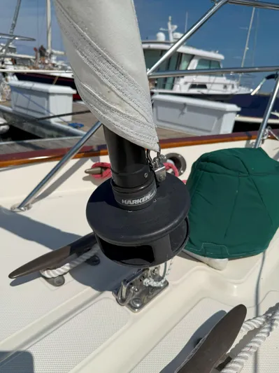 Dalliance Yacht Photos Pics Close-up of a Harken sail furling system on a 1993 Pacific Seacraft Crealock 34 yacht.