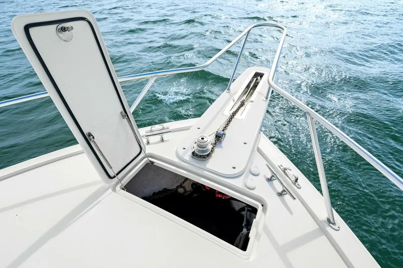 Bad Habit Yacht Photos Pics 2012 Viking 42 Open boat deck with open hatch and anchor chain.