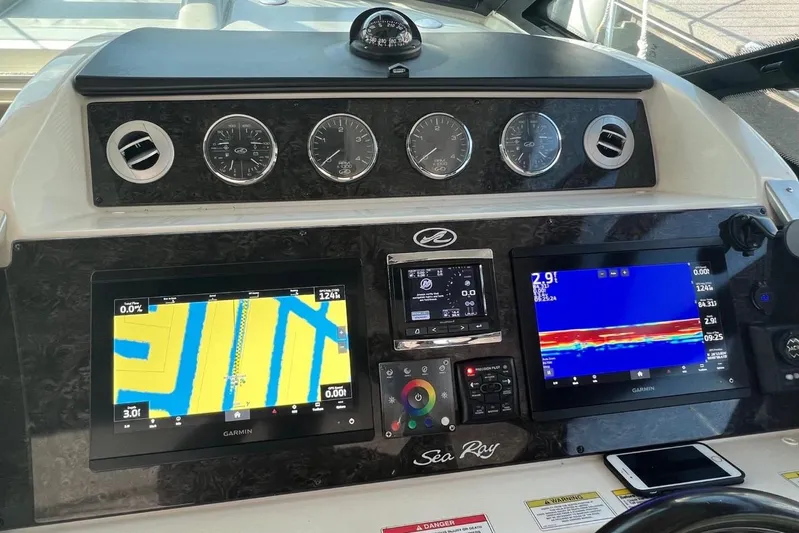  Yacht Photos Pics Dashboard of 2014 Sea Ray 410 Sundancer with Garmin navigation displays.