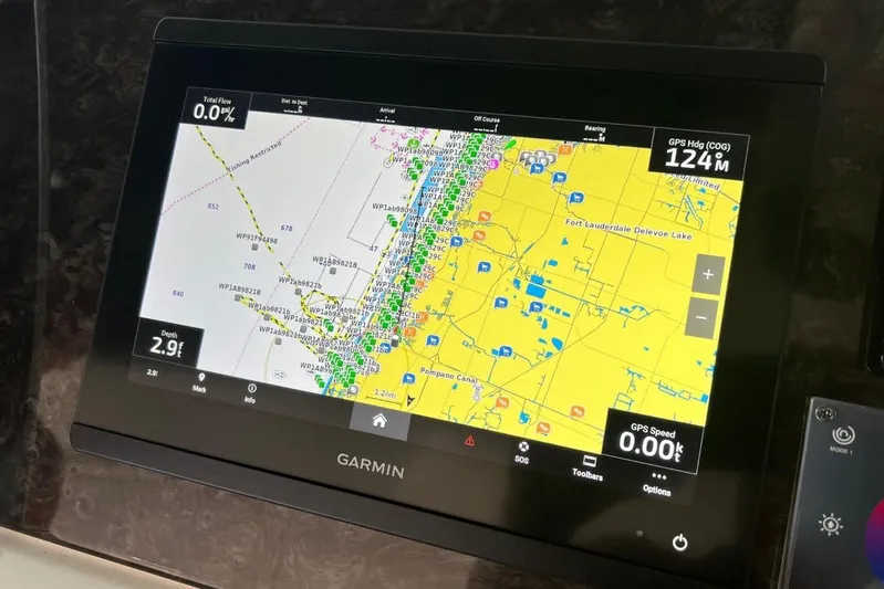  Yacht Photos Pics Garmin navigation display on 2014 Sea Ray 410 Sundancer showing nautical map and GPS data.