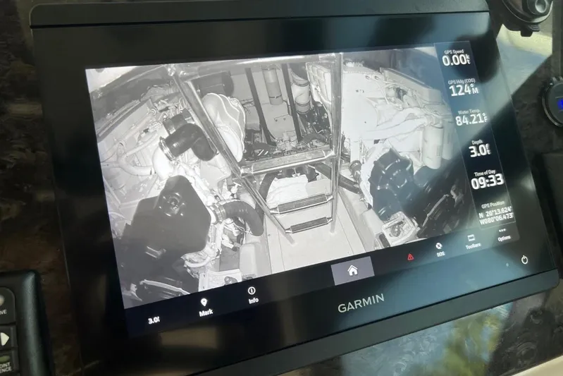  Yacht Photos Pics Garmin display showing engine room of 2014 Sea Ray 410 Sundancer with GPS data.