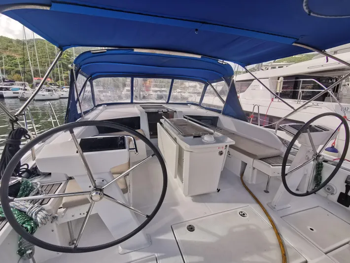 Siman H Yacht Photos Pics 2020 Beneteau Oceanis 46.1 yacht cockpit with dual steering wheels and blue canopy.