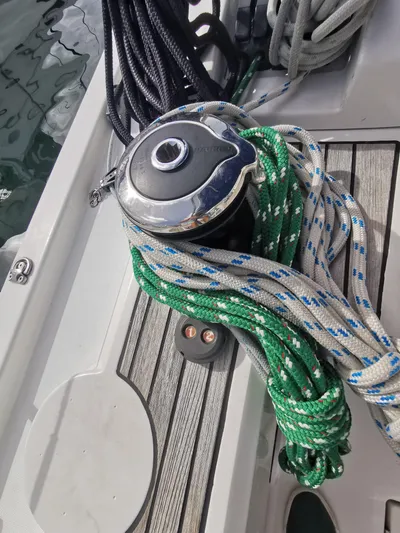 Siman H Yacht Photos Pics Winch and ropes on 2020 Beneteau Oceanis 46.1 sailboat deck.