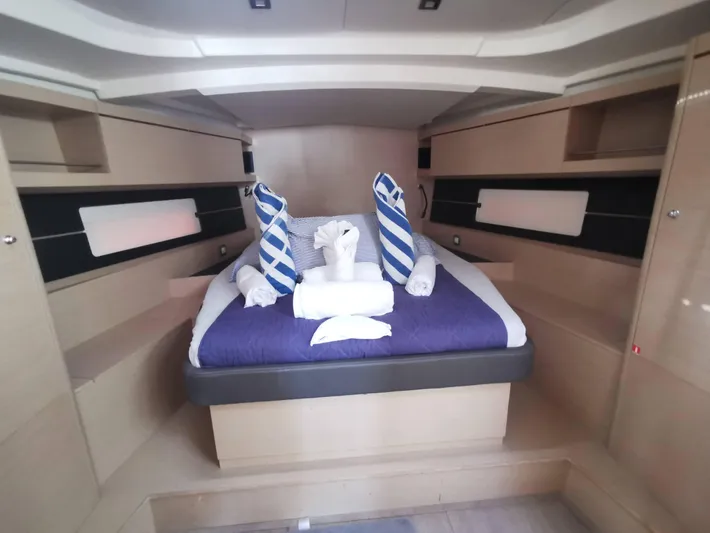 Siman H Yacht Photos Pics Luxurious cabin interior of 2020 Beneteau Oceanis 46.1 yacht with elegant bedding.