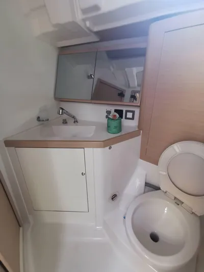 Siman H Yacht Photos Pics Beneteau Oceanis 46.1 2020 yacht bathroom with sink, mirror, and toilet.