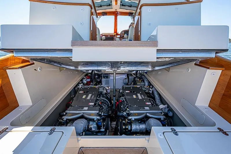 Odelay Yacht Photos Pics 2016 Hinckley Picnic Boat MKIII engine compartment with dual engines visible.