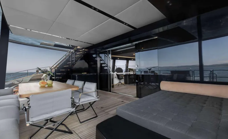 Grayone Yacht Photos Pics Luxurious Sunreef 80 sailing yacht interior, featuring elegant dining area and modern design, 2020 model.