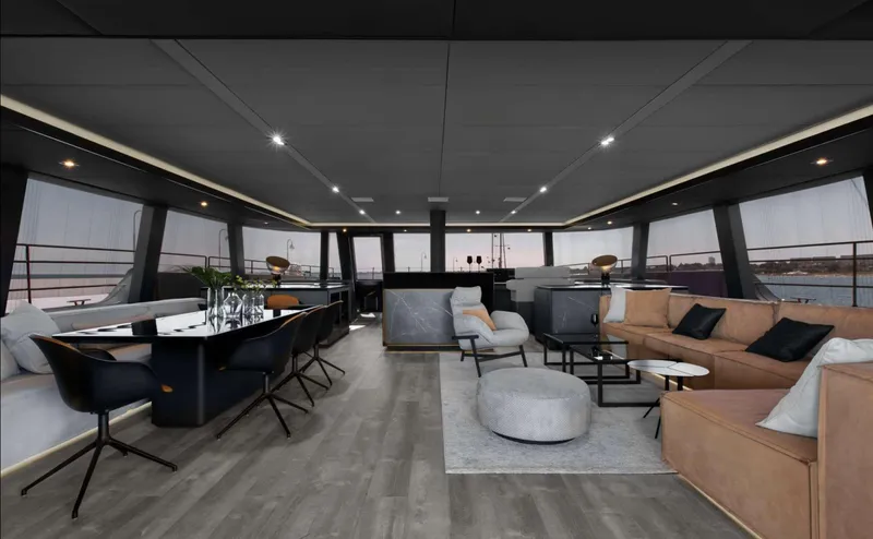 Grayone Yacht Photos Pics Luxurious interior of 2020 Sunreef 80 sailing yacht with modern dining and lounge areas.