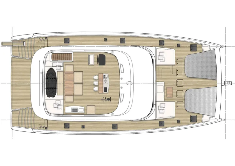 Grayone Yacht Photos Pics Floor plan of 2020 Sunreef 80 sailing yacht, showcasing spacious deck layout.