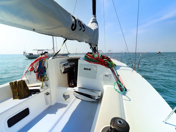  Yacht Photos Pics 2020 J Boats J/99 sailboat deck with colorful ropes and ocean view.