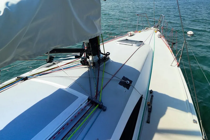  Yacht Photos Pics 2020 J Boats J/99 sailboat deck with rigging, on calm water.