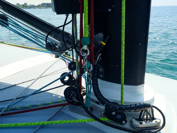  Yacht Photos Pics Close-up of 2020 J Boats J/99 sailboat rigging and mast details on the water.