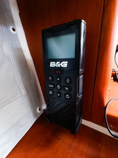  Yacht Photos Pics B&G marine radio on 2020 J Boats J/99 yacht, wooden interior background.