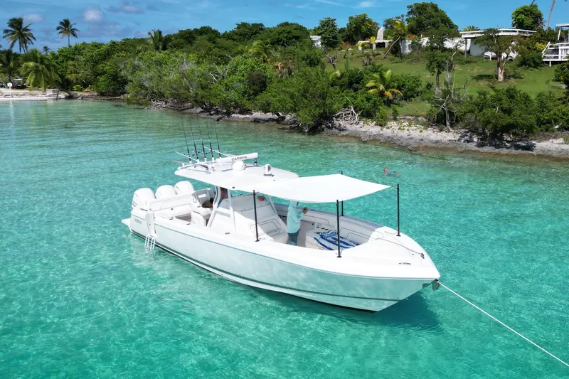 Herediterry Yacht Photos Pics 2017 Intrepid 375 FE boat anchored in clear turquoise water near a lush shoreline.