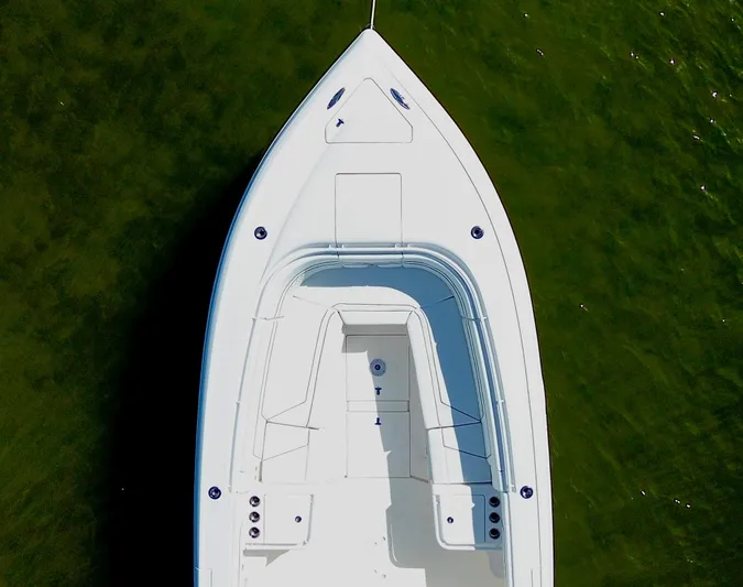 Herediterry Yacht Photos Pics Top view of 2017 Intrepid 375 FE boat on green water.