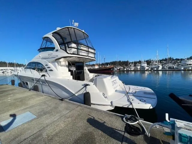 O Sea D Yacht Photos Pics 2010 Sea Ray 520 Sedan Bridge yacht docked at marina under clear blue sky.