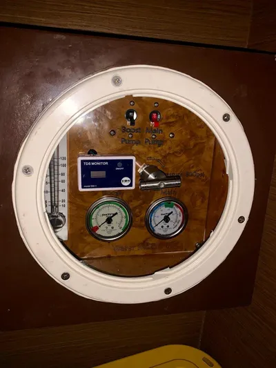 Esperanza Yacht Photos Pics Control panel of a 2019 Lagoon 380 S2 4/2 yacht with gauges and switches.